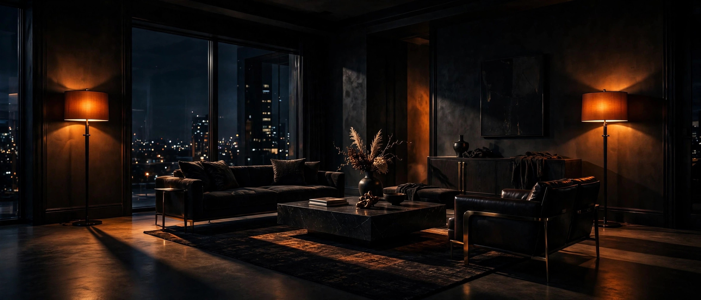 Dark luxury living room with warm amber lighting